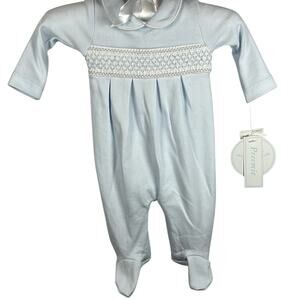 Edgehill Collection Baby Preemie Long-Sleeve smocked blue Footie Coverall